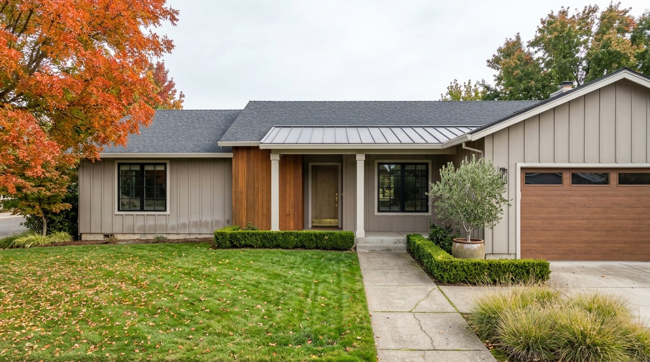 Contemporary greige home with a wood-accented entry, two-car garage, and orange-red fall tree beside a broad lawn.
