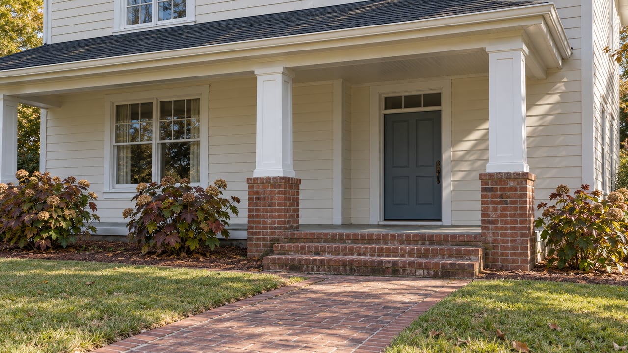 Ivory-sided home with a covered porch, blue-gray front door, worn brick steps and oakleaf hydrangeas beside an autumn lawn.
