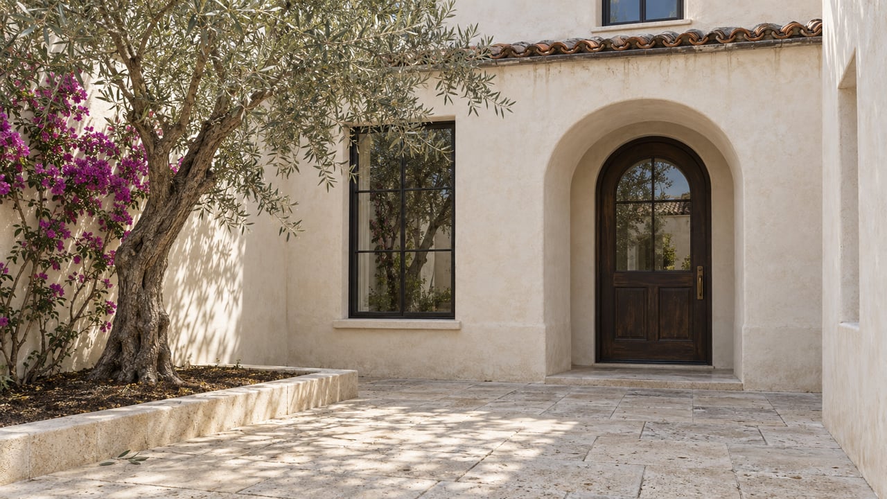 Sunlit ivory stucco residence with an arched dark wood entry, limestone courtyard, olive tree, and magenta bougainvillea.