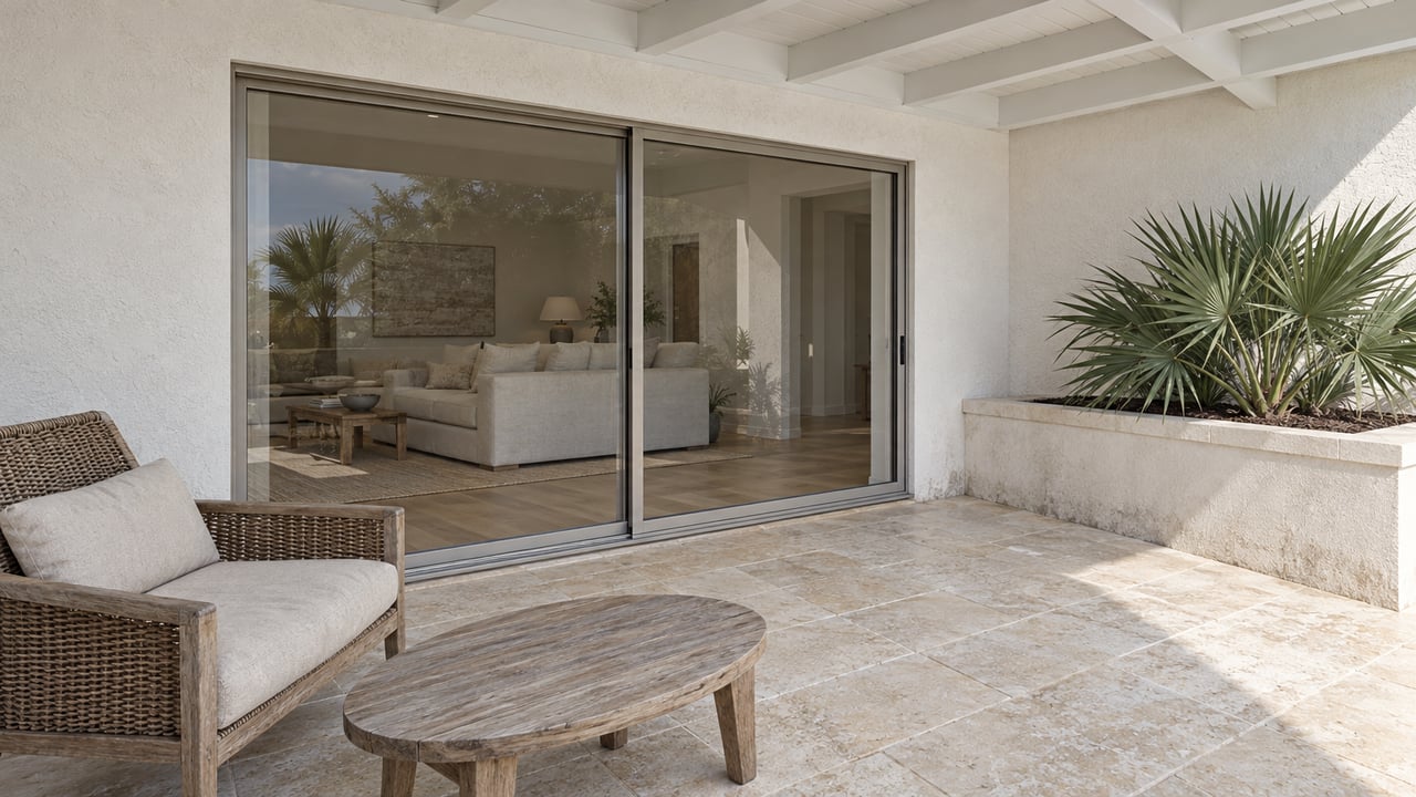 Sunlit limestone terrace with a woven teak lounge chair, white timber ceiling, and closed glass doors to a pale oak living room.