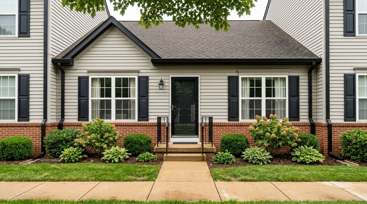 Row of townhome condominium entrances.