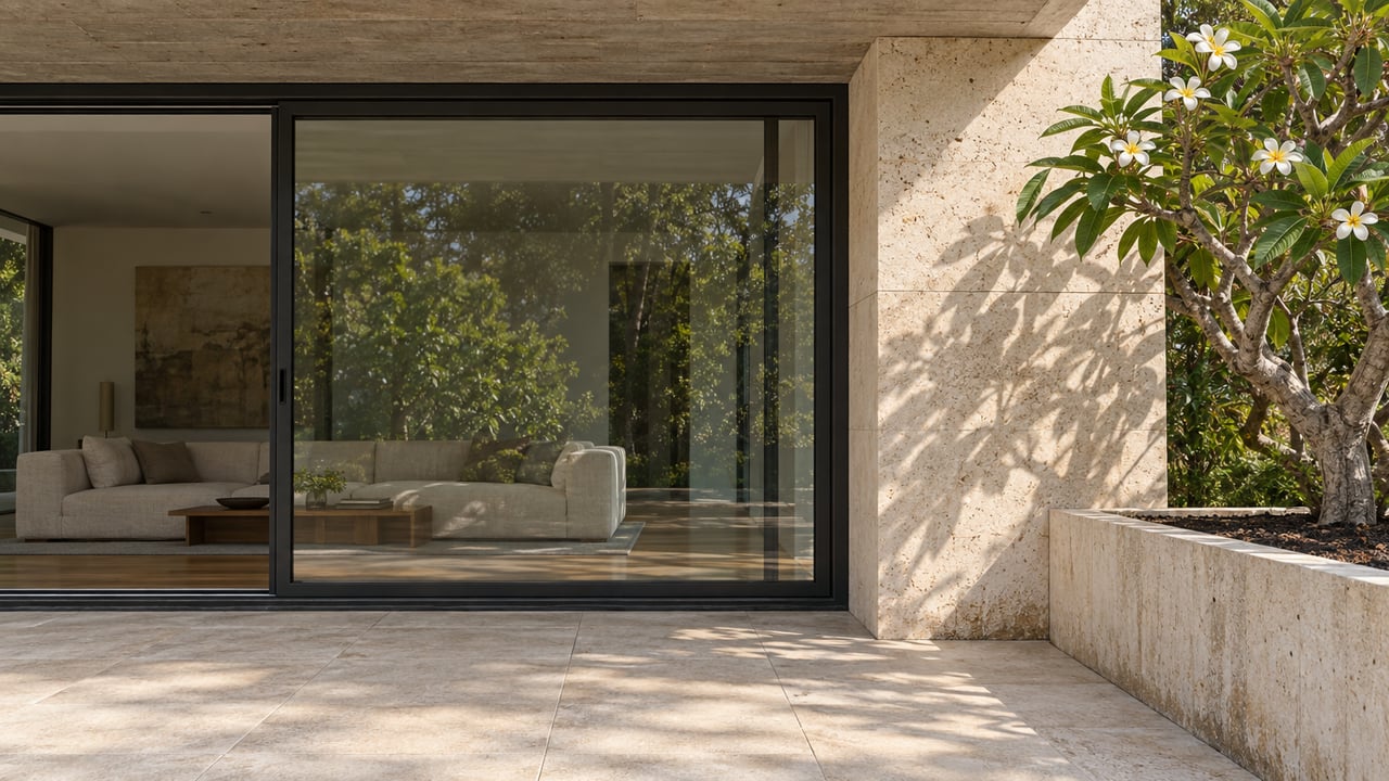 Close view of a luxury terrace with limestone paving, enclosed sliding glass doors, a concrete roof and a flowering frangipani in a raised stone planter.