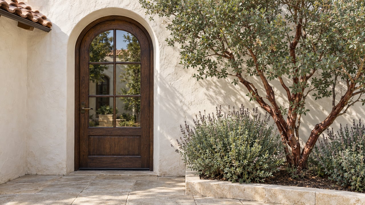 Sunlit arched oak-and-glass entry in warm-white stucco beside a sculptural manzanita and a limestone-edged planting bed.