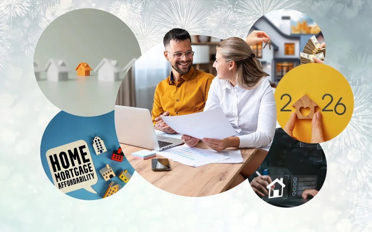 Real estate collage with a couple reviewing paperwork, mortgage affordability imagery, and a 2026 home motif.