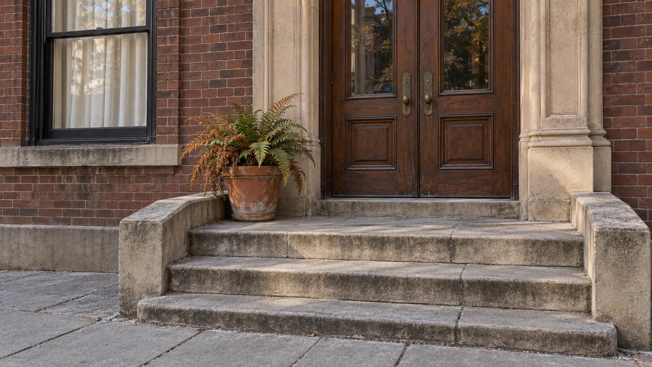 Walnut double doors and a limestone stoop set into a red-brick townhouse facade, with one terracotta fern pot in afternoon light.
