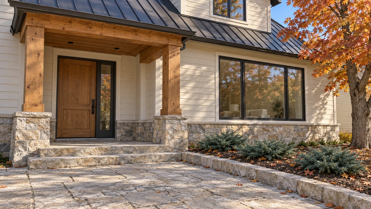 Autumn morning light on a cream-sided home with a timber porch, limestone steps and amber maple foliage.