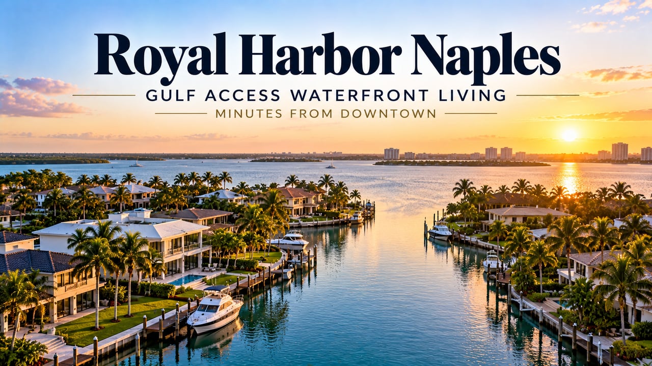 Royal Harbor in Naples, Florida, featuring luxury waterfront homes, private docks, yachts, and wide canals with direct Gulf access via Naples Bay, just minutes from downtown Naples and 5th Avenue South.