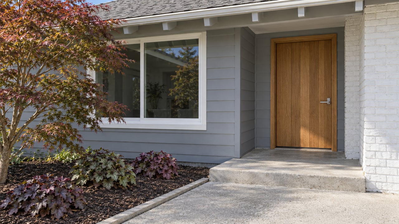 Gray lap-sided home entry with a warm wood door, white brick return, concrete porch step and Japanese maple beside the approach.
