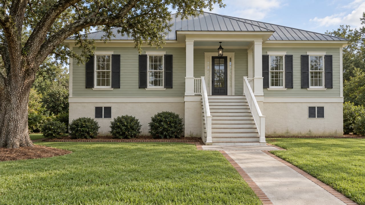 Pale sage raised home with a covered porch, broad front stairs, a deep lawn and a mature live oak.