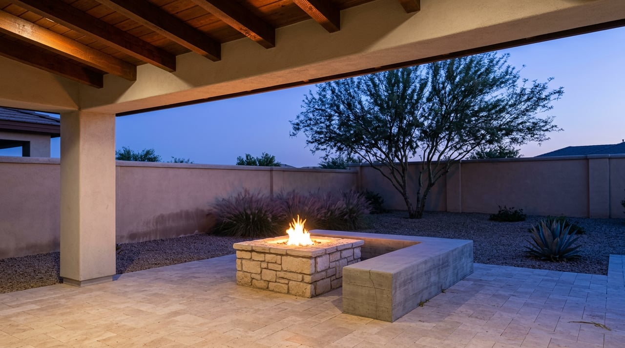 Stone fire feature with a live flame on a travertine patio, beside a concrete bench and silhouetted palo verde tree.