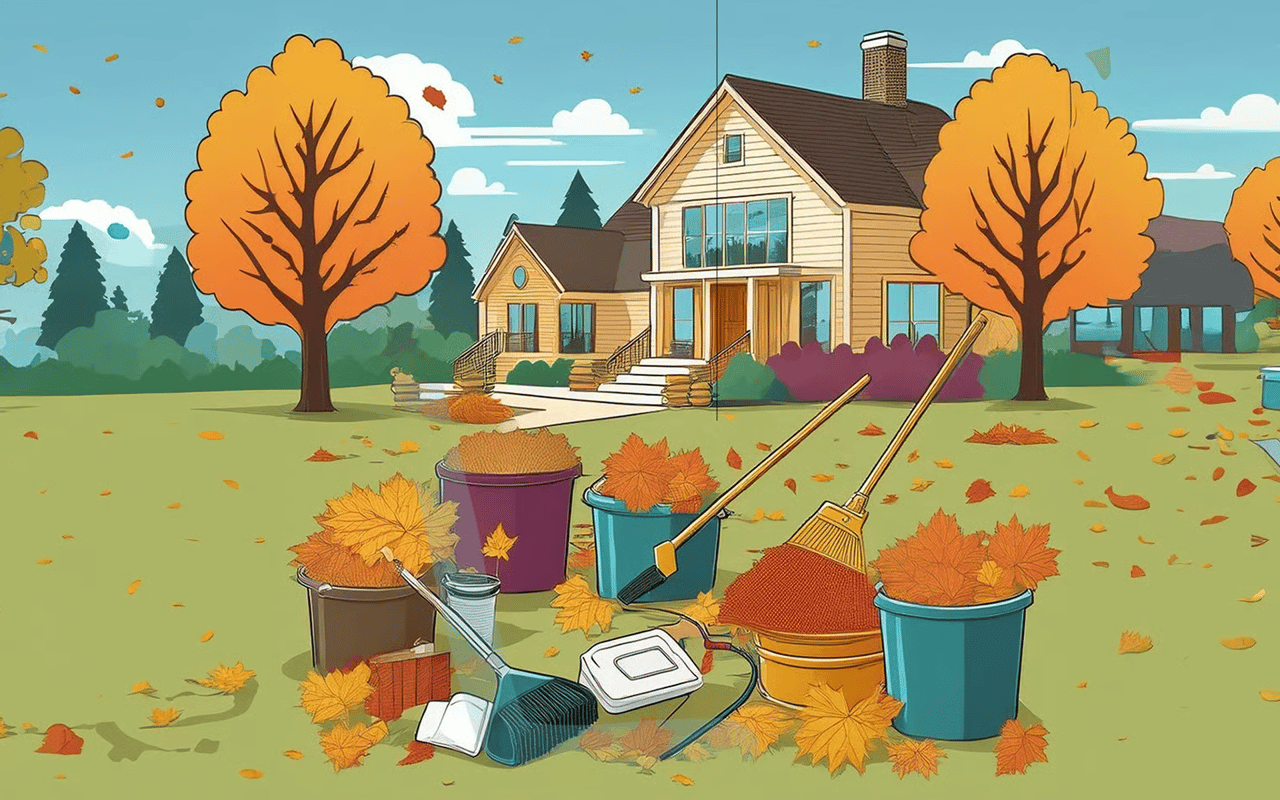 House and autumn yard with leaf-filled bins, rakes, and cleanup tools.