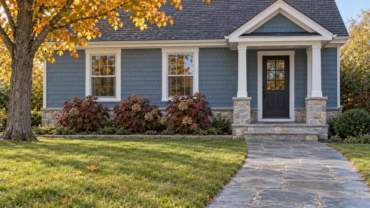 Blue cedar-shingle cottage with white trim, limestone porch steps, a bluestone approach and autumn sugar maple.