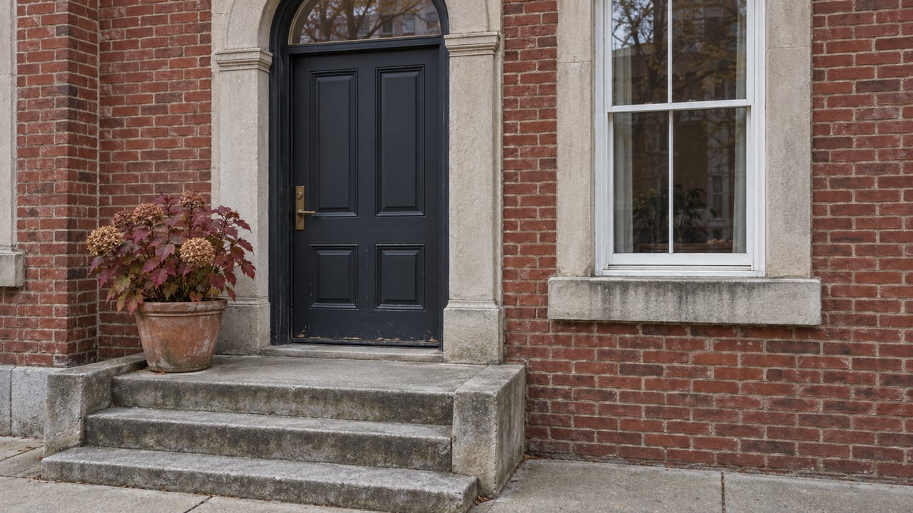 Restored brick home entry with a charcoal timber door, limestone stoop, tall sash window and an autumn oakleaf hydrangea in a terracotta pot.