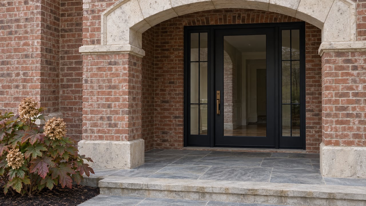Brick and limestone arched home entrance with a closed black-framed glass door, bluestone steps and autumn oakleaf hydrangea.