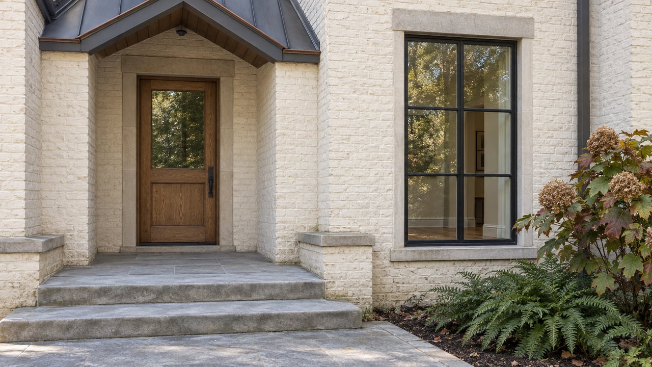 Ivory painted-brick home entrance with an oak door, black-framed window, limestone steps and oakleaf hydrangea.