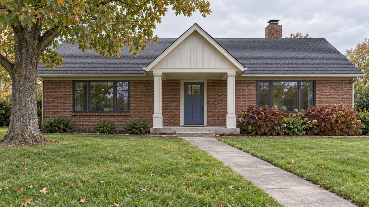 Brick single-story home with a gabled front porch, deep autumn lawn, mature white oak and oakleaf hydrangeas.