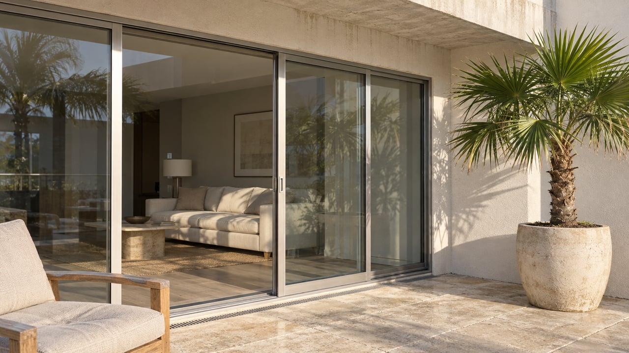 Sunlit condominium terrace with limestone paving, a teak lounge chair, closed sliding glass doors and one fan palm in a clay pot.
