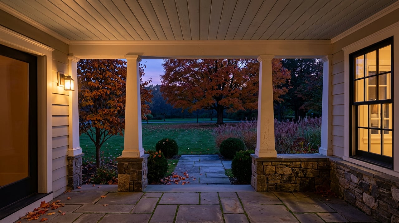 Covered porch at dusk opens onto a deep lawn and a large maple with orange-red autumn leaves.