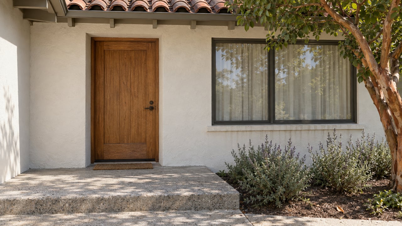 Sun-softened stucco home entry with an oak door, clay roof tiles, a concrete stoop and established strawberry tree and sage planting.