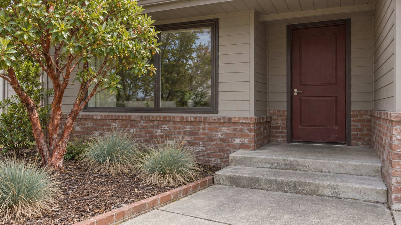 A maroon front door beneath broad ranch-house eaves, beside a picture window, weathered brick and a drought-aware planted concrete approach.