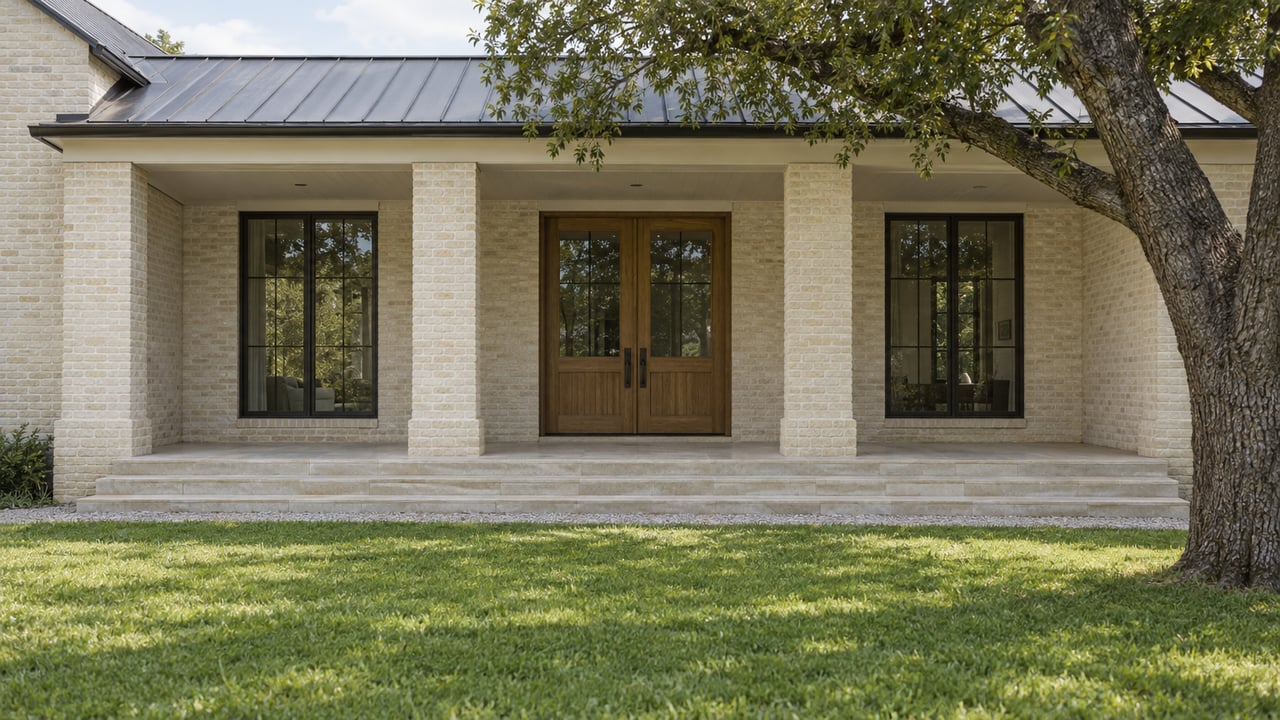 Ivory brick home with a shaded limestone porch, oak entry doors and a deep lawn beside a mature live oak.