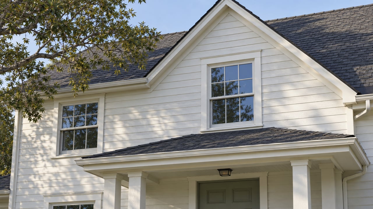 Close view of a charcoal shingle gable roof above warm-white wood siding, sash windows and a sage entry door, framed by a live oak branch.