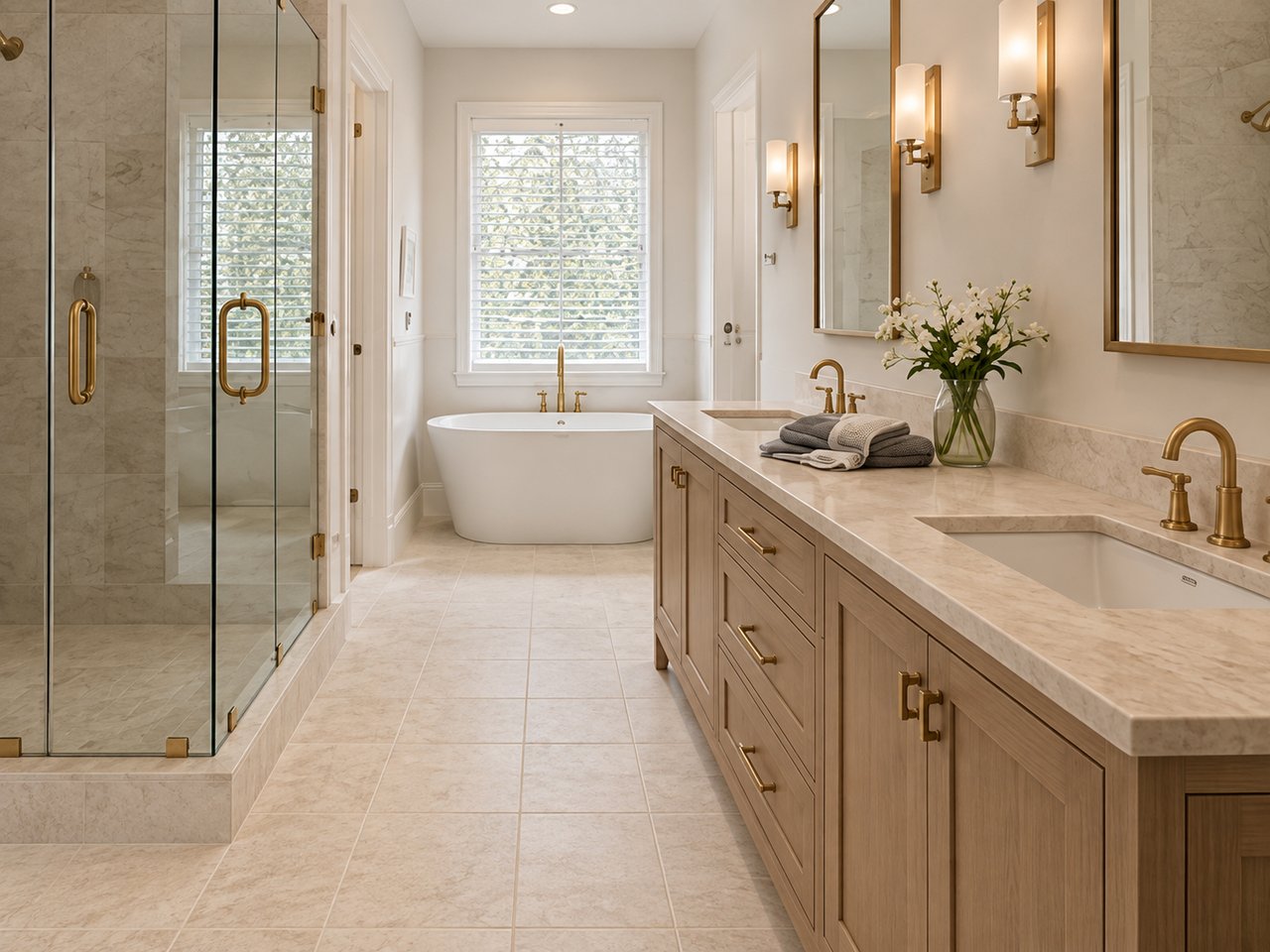 Bathroom with glass shower, freestanding tub, and long wood double vanity with brass fixtures.