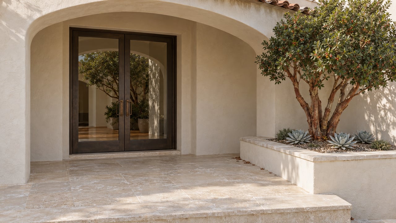 Ivory stucco arched entrance with bronze-framed glass doors, a limestone terrace, and a sculptural strawberry tree in a raised planting bed.