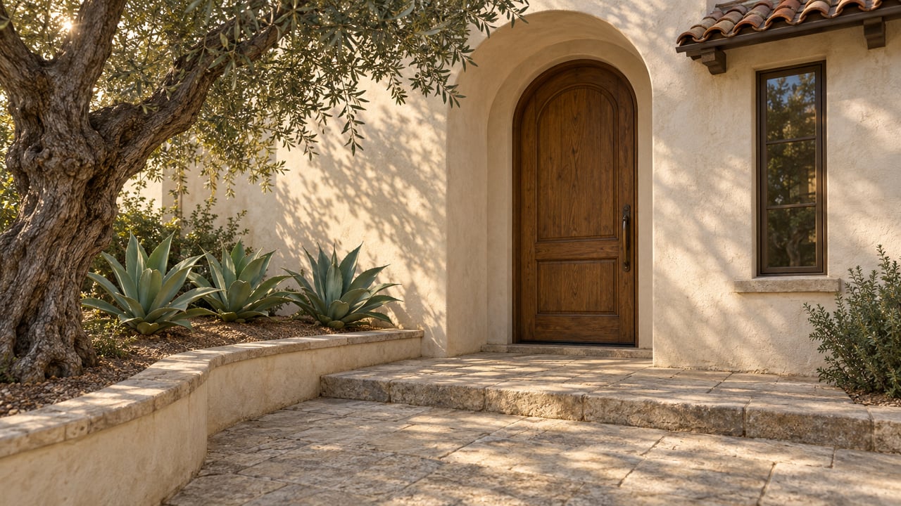 Hillside villa entrance with a closed oak door, worn limestone steps, and an olive tree casting shadows.