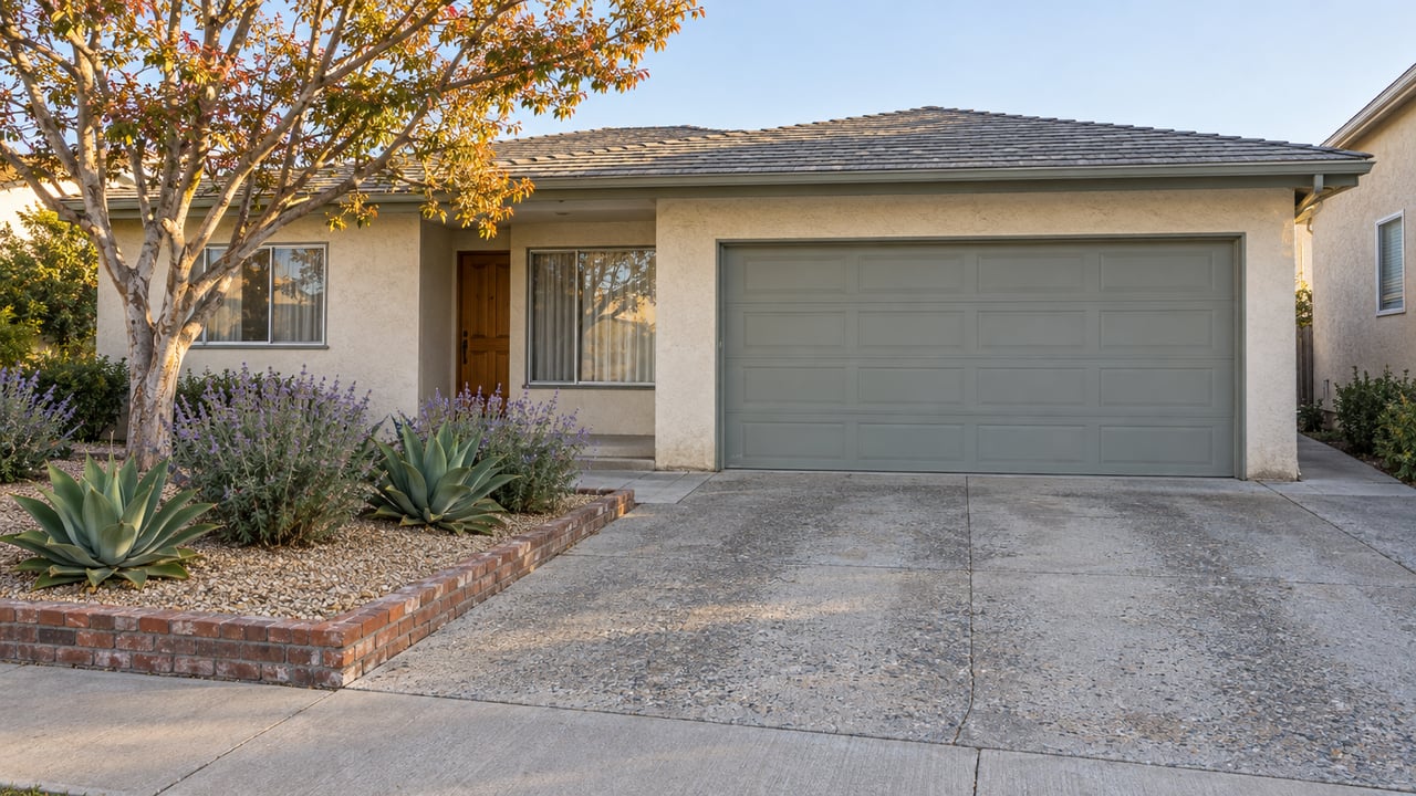 Single-story cream stucco home with a gray-green garage door, brick-edged gravel garden and a mature branching tree in afternoon light.