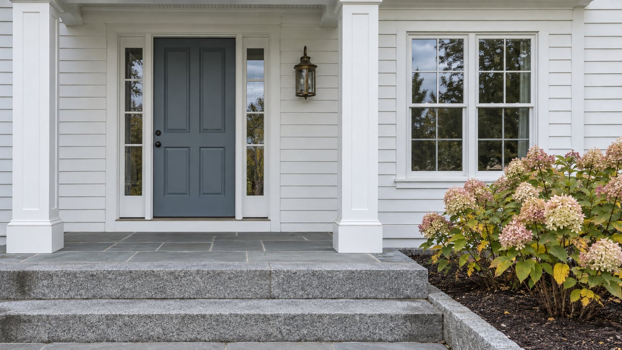 White clapboard home with a blue-gray front door, paired glass sidelights, granite steps, and a flowering hydrangea beside the covered porch.