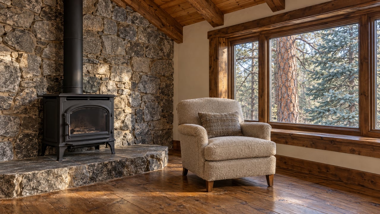 Autumn sunlight across a timber living room with a granite hearth, black wood stove and wool reading chair beside a closed woodland-facing window.