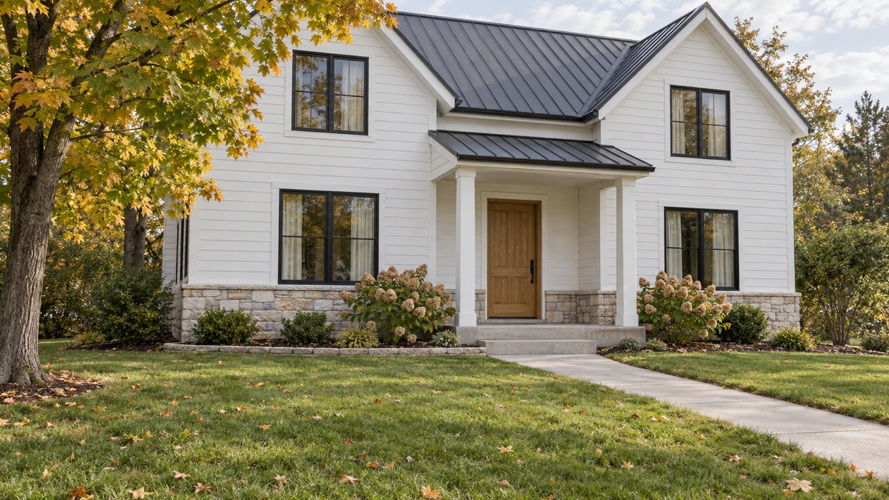 White-sided home with dark metal gable roofs, an oak entry door, broad lawn and a golden-leaved maple.