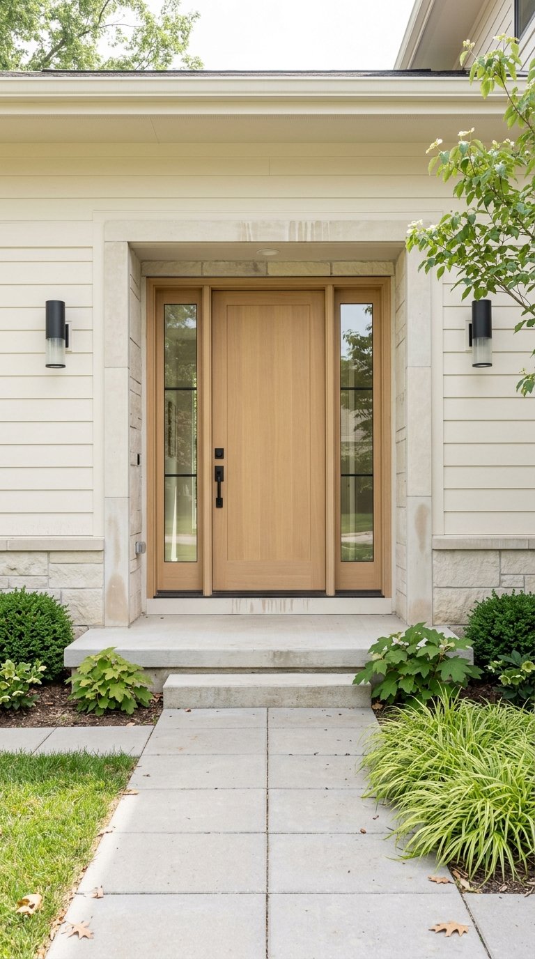 A transitional home’s exterior entrance with curated planting.