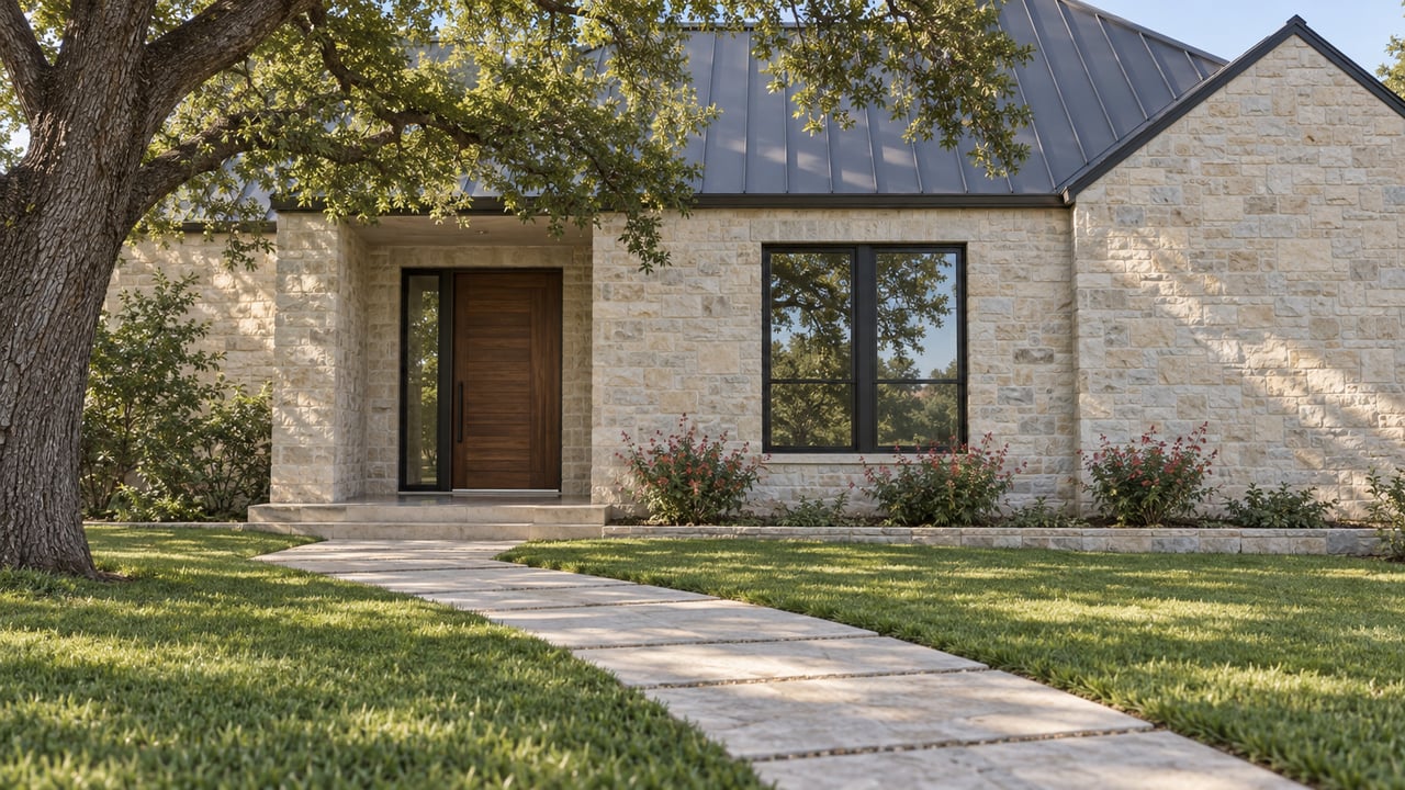 Limestone house with a recessed walnut door, broad lawn, diagonal stone walk, and mature oak canopy.