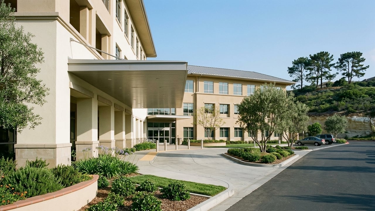 Beige institutional building with a covered entrance, landscaped grounds, and a tree-covered hillside behind it.