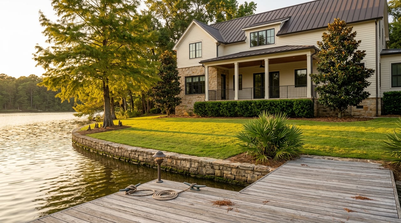Lakefront estate with a stone lower level, white porch, and cedar dock beside a cypress-lined cove.