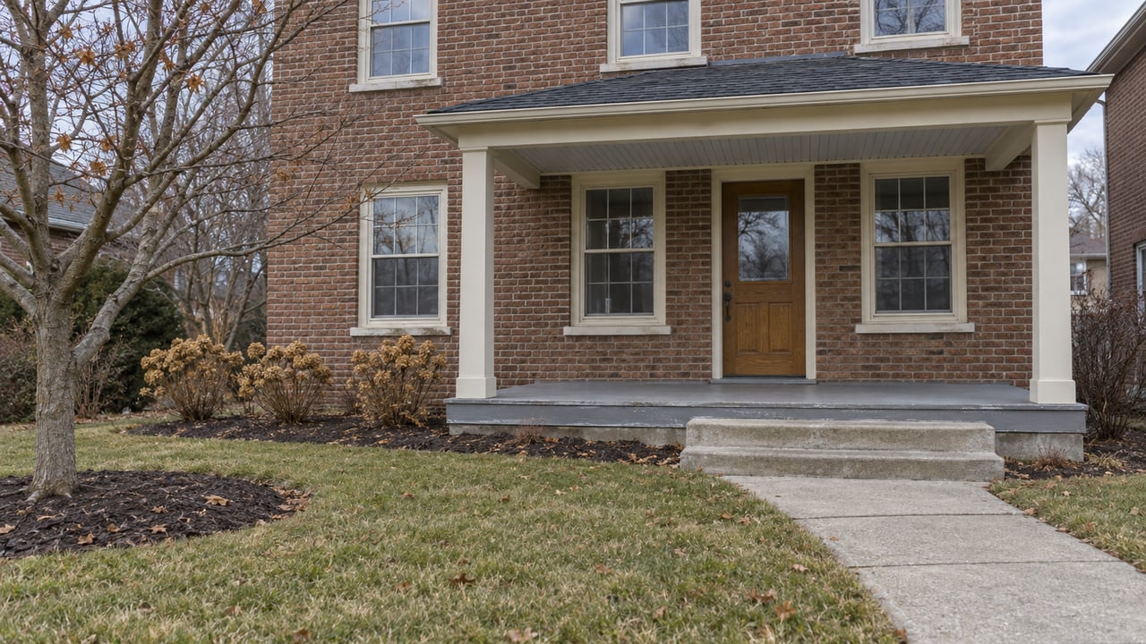 A modest brick home with a covered wooden porch, winter lawn, bare flowering dogwood and a concrete front walk in soft winter daylight.