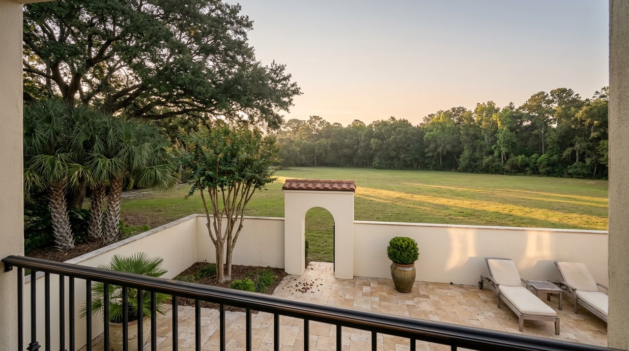 Travertine terrace with teak lounge chairs overlooks a low stucco wall, arched opening, and open lawn.