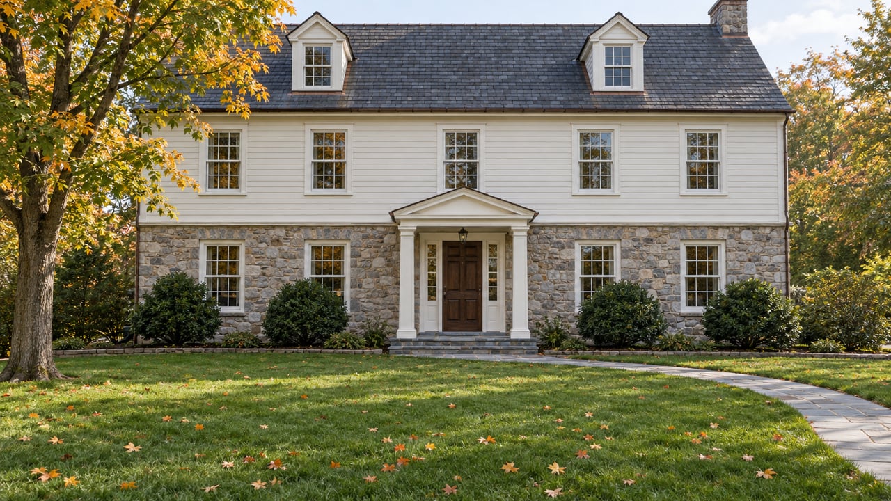 Autumn daylight on a stone-and-ivory-clapboard house with a deep lawn, bluestone approach and amber maple foliage.