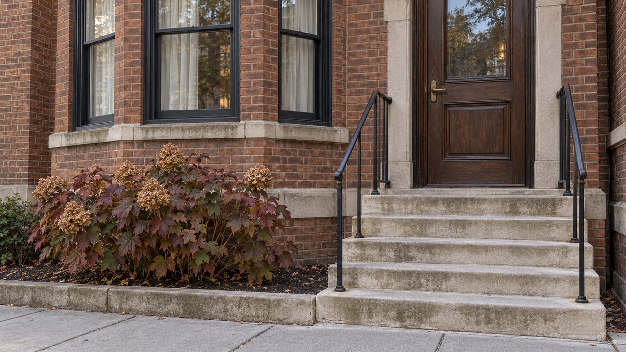 Red-brown brick home with closed bay windows, a dark oak front door, limestone steps, and a burgundy-leaved oakleaf hydrangea.