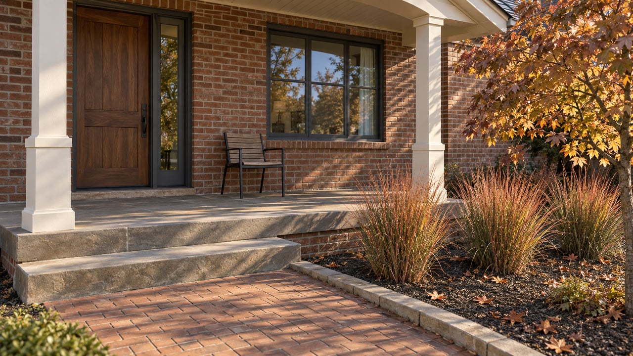 An updated brick home's covered sandstone porch and brick approach beside copper-colored maple foliage and russet ornamental grass.