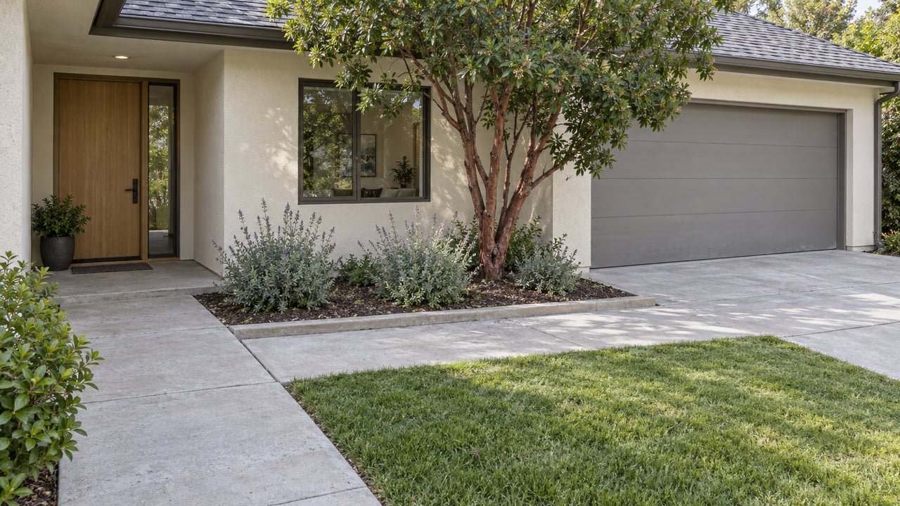 Warm stucco home with a sheltered oak entry, gray garage door, concrete approach and carefully spaced planting beside a compact lawn.