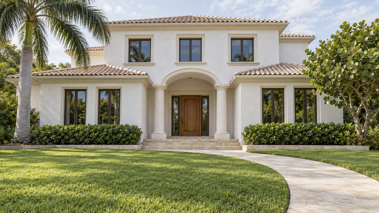 White stucco home with a tiled roof, arched columned entrance, limestone approach and mature specimen planting beyond a deep lawn.