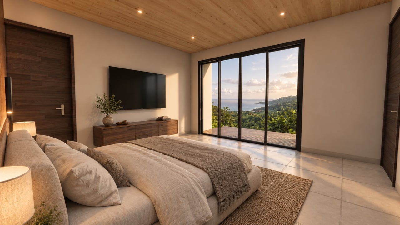Furnished bedroom with a wood ceiling and sliding glass doors overlooking the ocean and green hills.