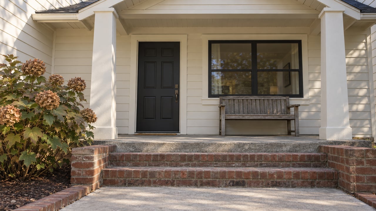 Ivory lap-sided house with a shaded front porch, black door and window, brick steps, an oak bench and an oakleaf hydrangea.