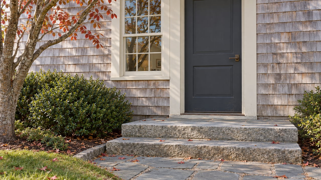 Shingle cottage entry with a charcoal door, granite steps, bluestone walk, and a serviceberry tree with rust-red leaves.