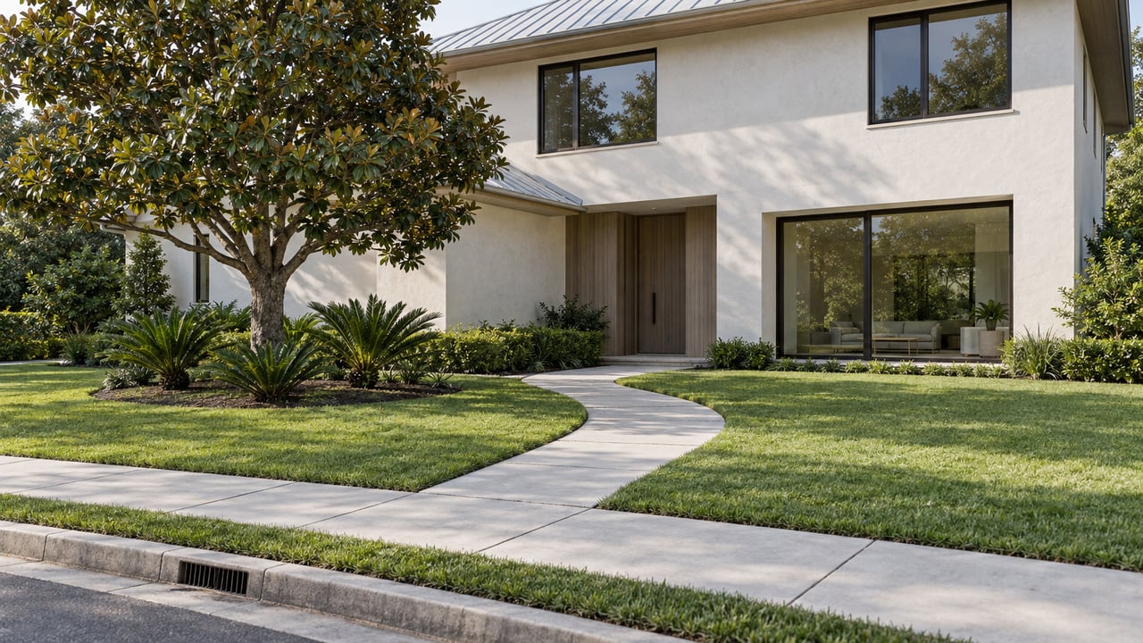 Two-story stucco house with metal roof, curved concrete walk, lawn, and magnolia beside the approach.