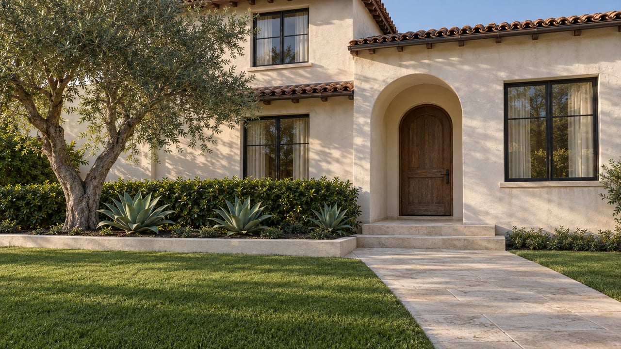 Sunlit white stucco house with terracotta roof tiles, a recessed walnut door and a limestone approach beside an olive tree.