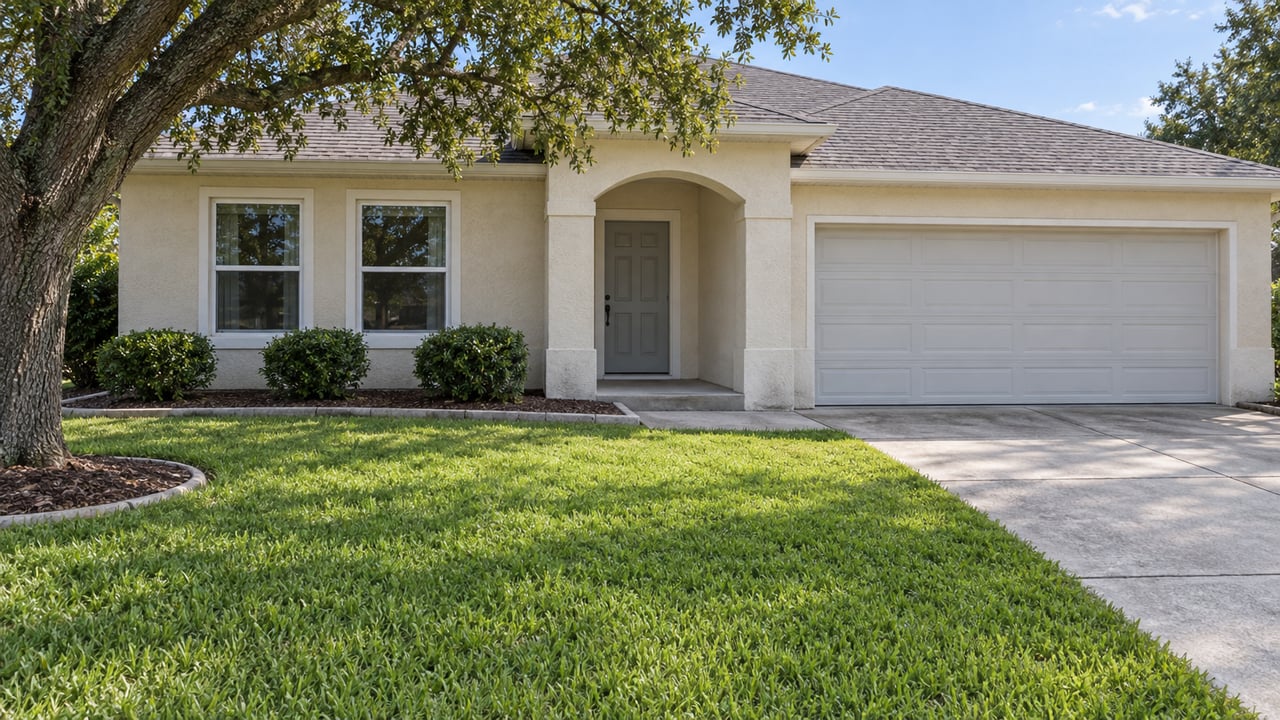 Cream stucco single-story home with an arched entry, attached garage and deep green front lawn in soft daylight.